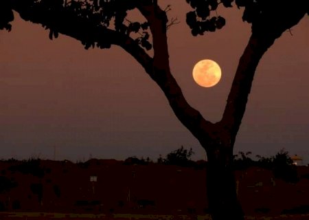Do alto de pr&eacute;dio e na estrada, Lua de Morango colore o c&eacute;u em tom de fogo