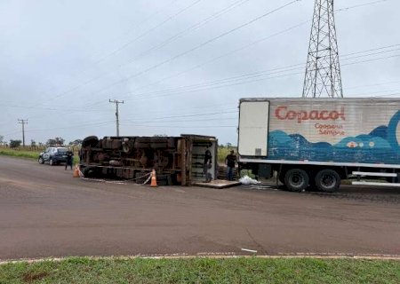 Caminh&atilde;o frigor&iacute;fico passa por cima de rotat&oacute;ria e tomba em avenida