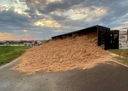 Carreta tomba em trevo da BR-163, espalha carga e provoca engarrafamento